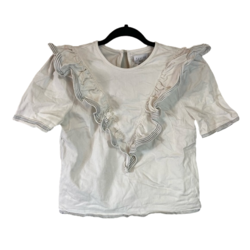 Saylor Harriette White Denim Ruffle shirt sleeve top size M